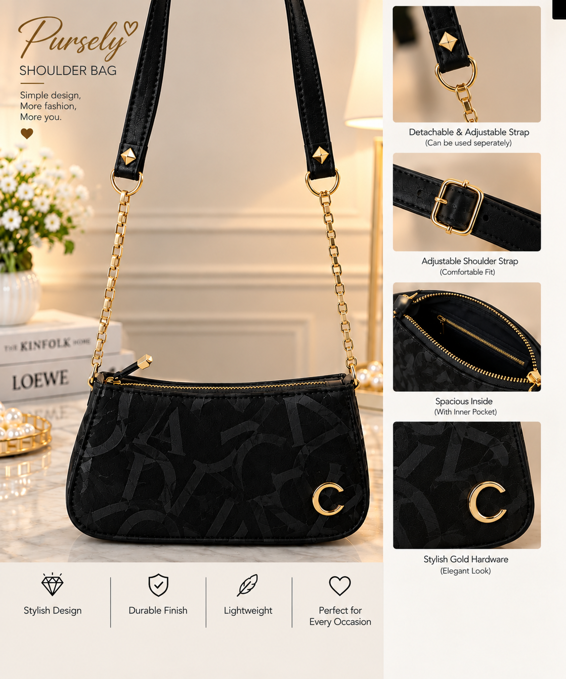 Pursely Crescent Shoulder Bag – White & Black